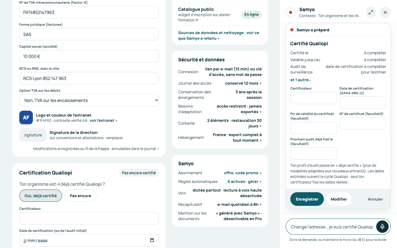 Carte de confirmation « Certifié Qualiopi » : date de certification, fin de validité, audit de surveillance à prévoir, champs modifiables