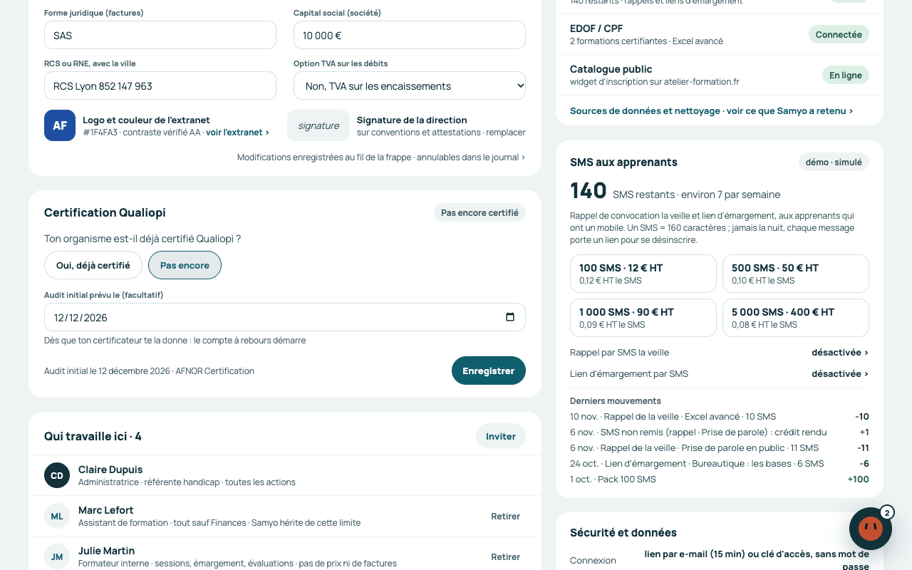 Carte « SMS aux apprenants » dans Paramètres : 140 SMS restants, les quatre packs avec leur prix, les deux règles par SMS et les derniers mouvements du solde