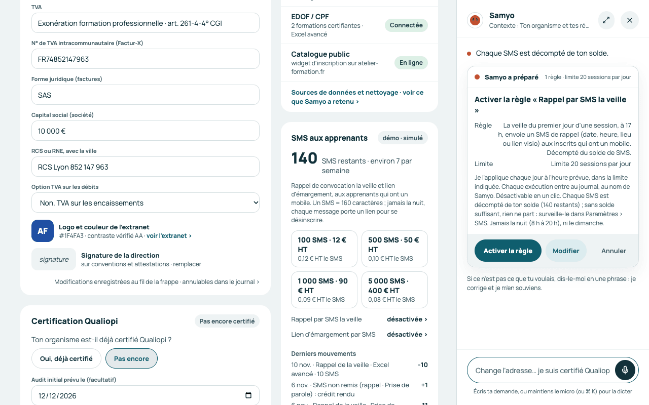 Carte d'activation de la règle « Rappel par SMS la veille » : heure, limite par jour et rappel que chaque SMS est décompté du solde