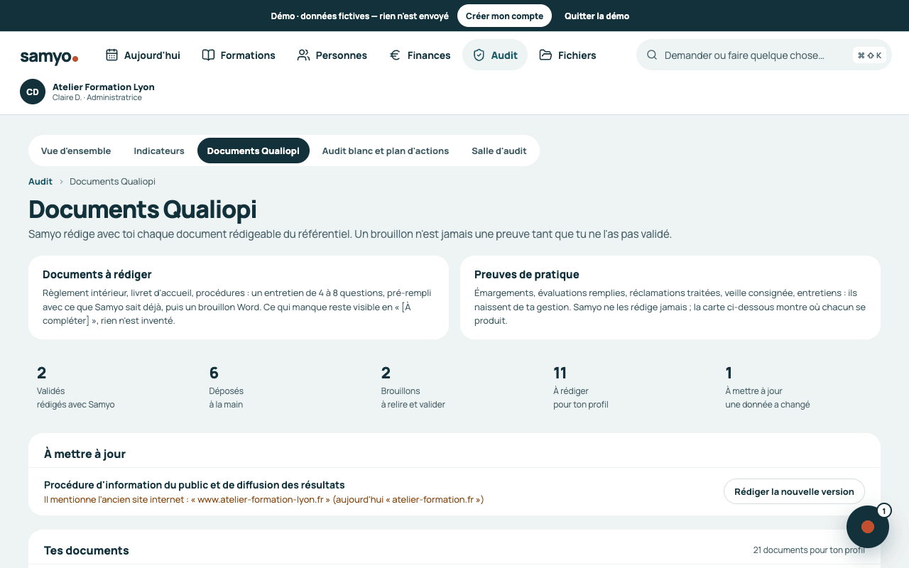 Documents Qualiopi : compteurs (validés, déposés, brouillons, à rédiger, à mettre à jour) et un document validé signalé à mettre à jour