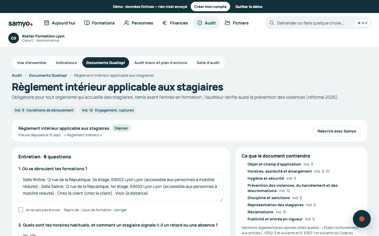Entretien du règlement intérieur : questions avec exemples, réponses reprises des données de l'organisme, « Je ne sais pas encore »