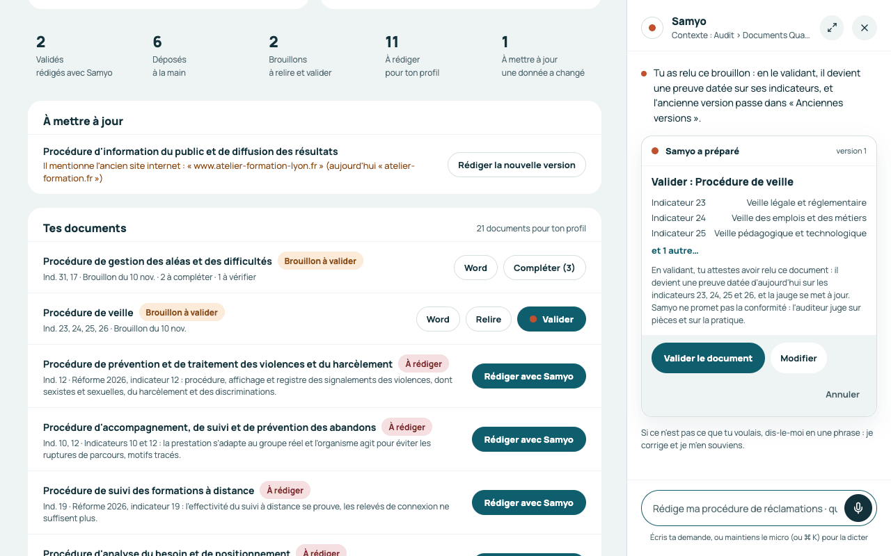 Carte « Valider : Procédure de veille » : indicateurs 23 à 26 couverts une fois validé, à côté de la liste des documents