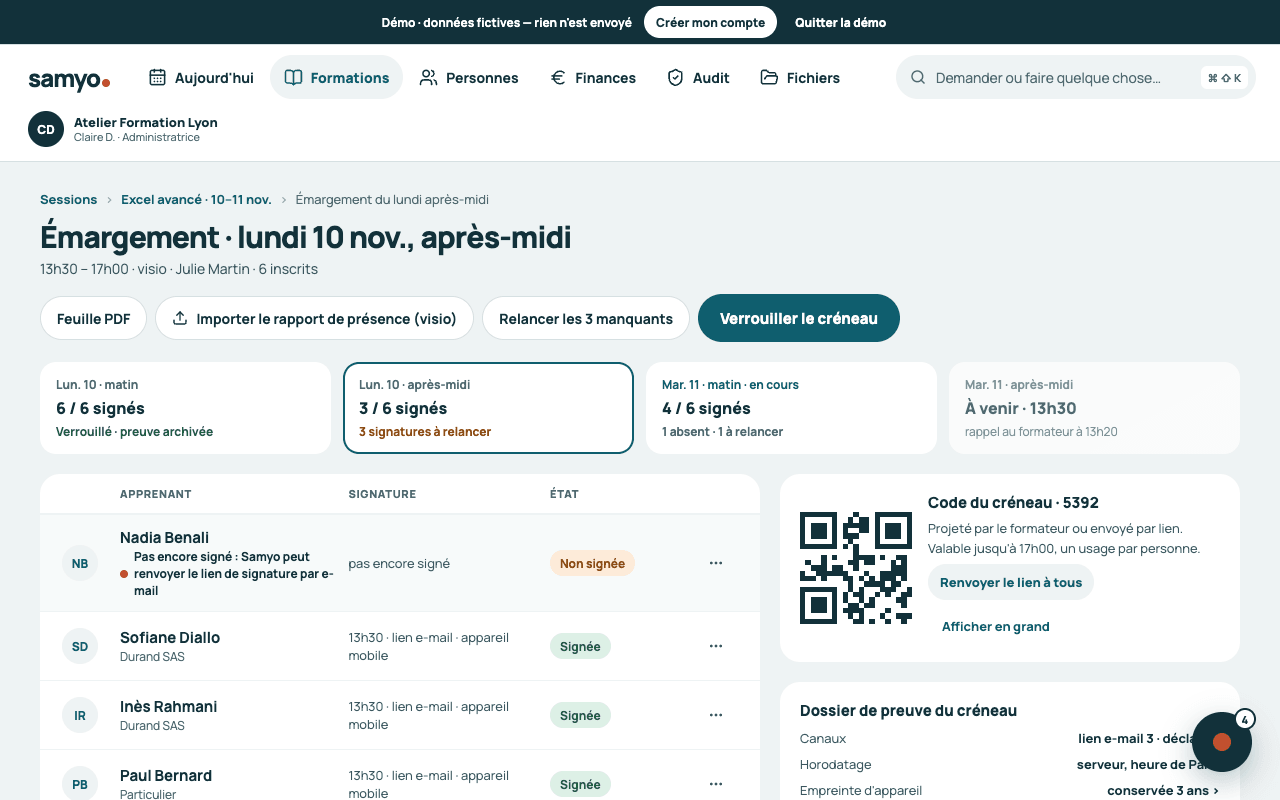 Émargement d'un après-midi en visio : le bouton « Importer le rapport de présence (visio) » à côté de « Feuille PDF », trois signatures reçues et trois à relancer