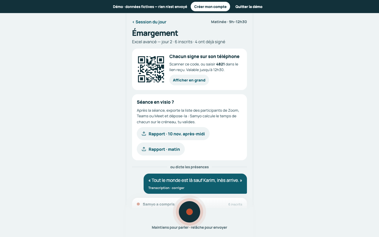 Espace formateur › Émargement sur téléphone : le bloc « Séance en visio ? » avec un bouton de rapport par demi-journée commencée