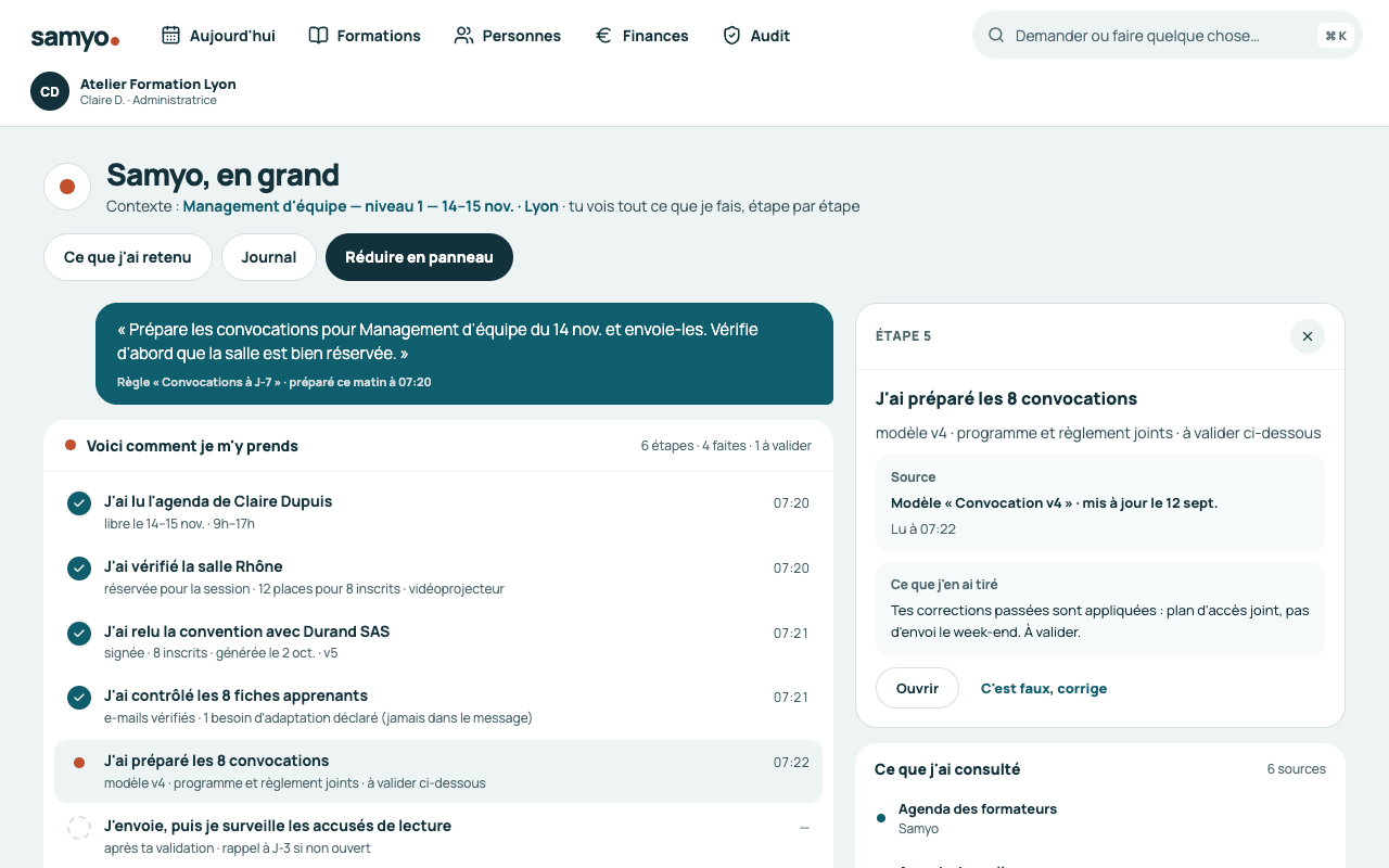 Samyo en grand : la demande, chaque étape de son raisonnement et ce qu'il a consulté, avec « C'est faux, corrige » pour signaler une réponse