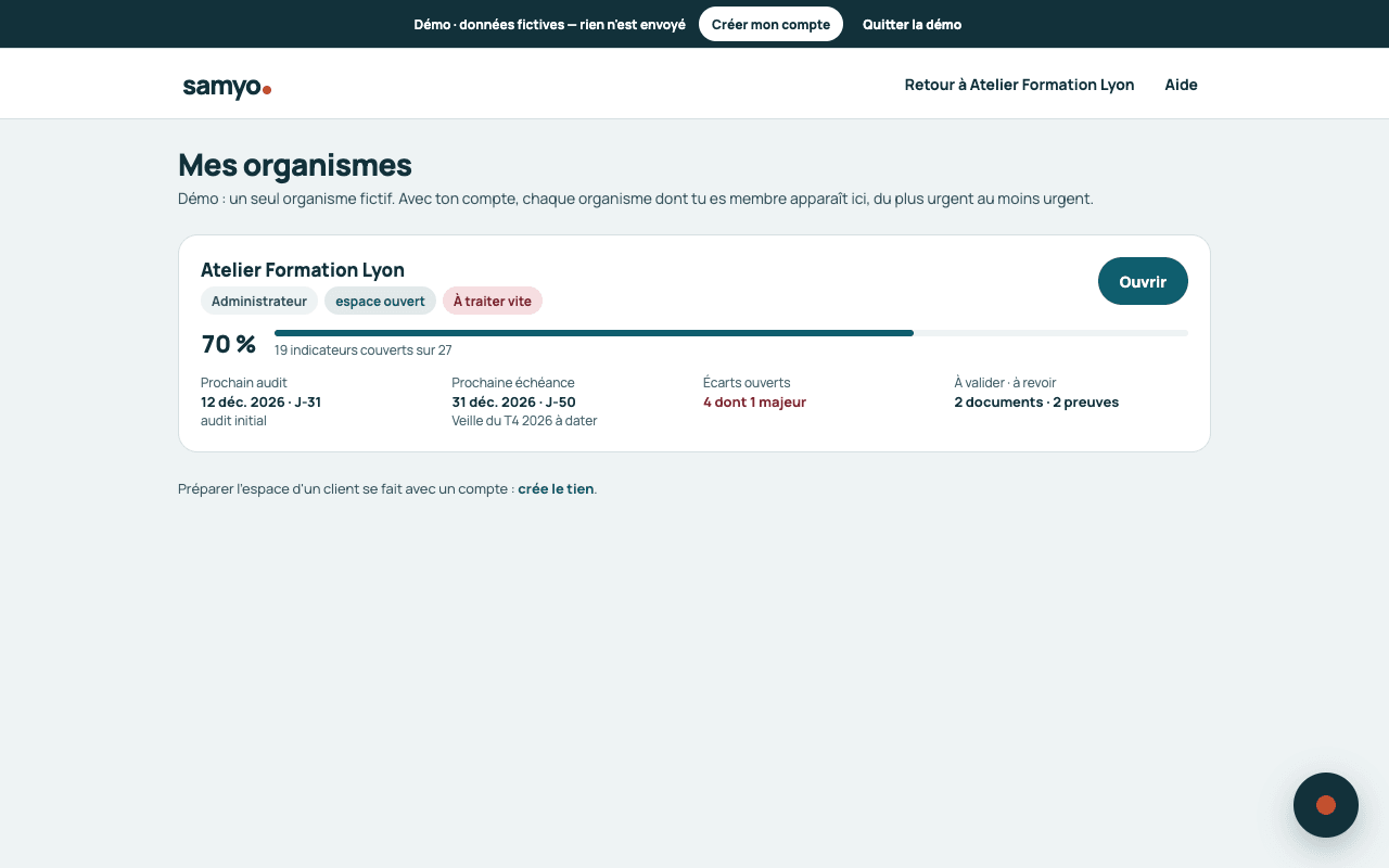 Mes organismes : une carte par organisme avec le rôle, la jauge Qualiopi, le prochain audit, l'échéance, les écarts ouverts et ce qui reste à valider, et le bouton Ouvrir