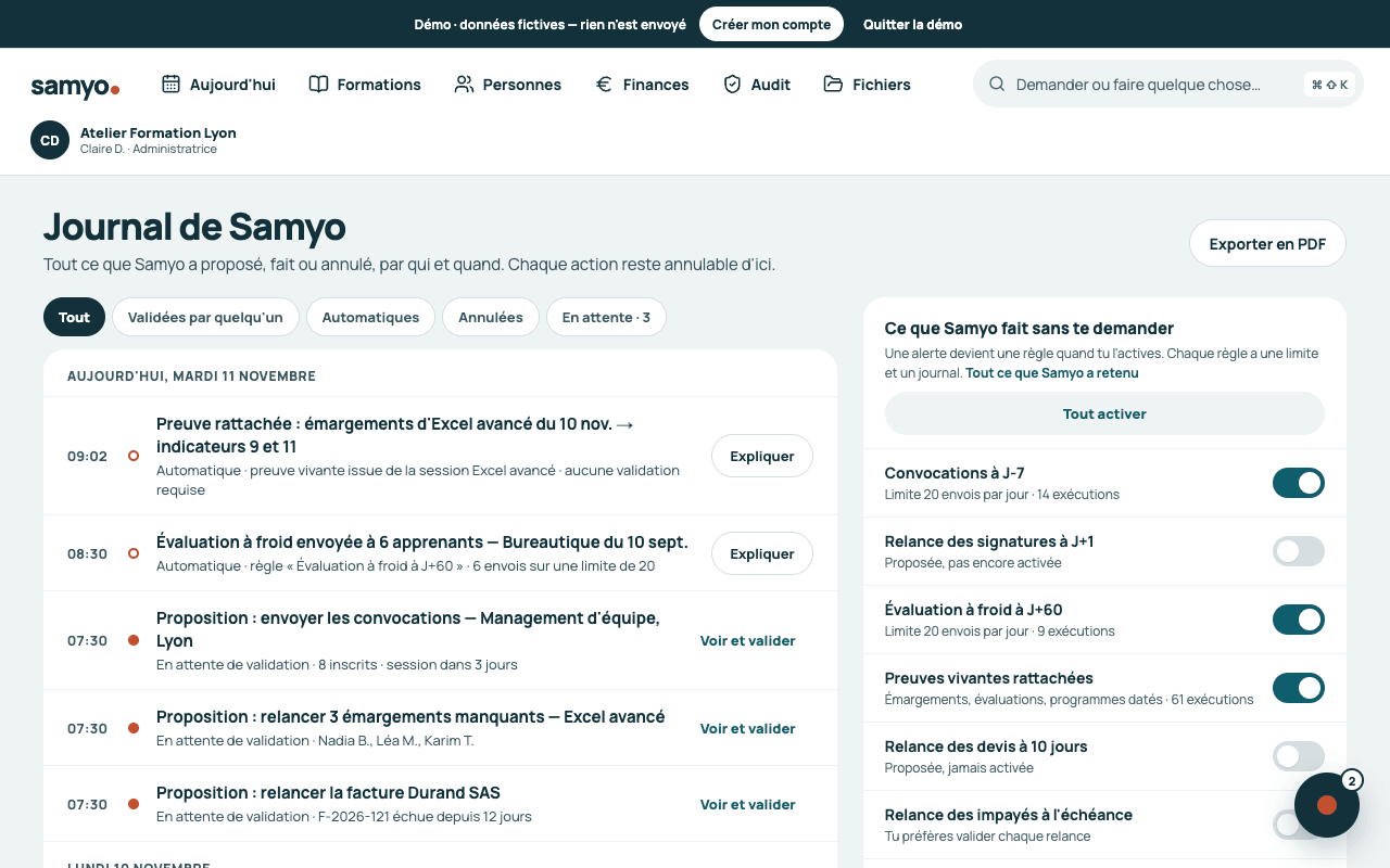 Journal de Samyo : chaque action validée, avec qui l'a demandée, quand, et le lien pour l'annuler